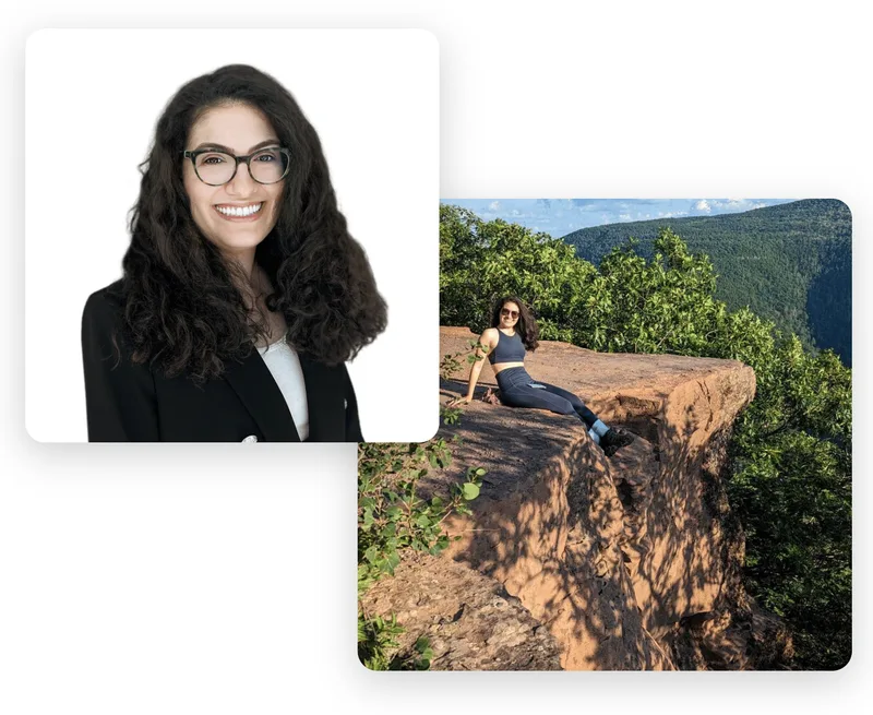 Casey Zuckerman in a professional headshot, and a second photo of Casey sitting on a rocky cliff edge above a forested valley.
