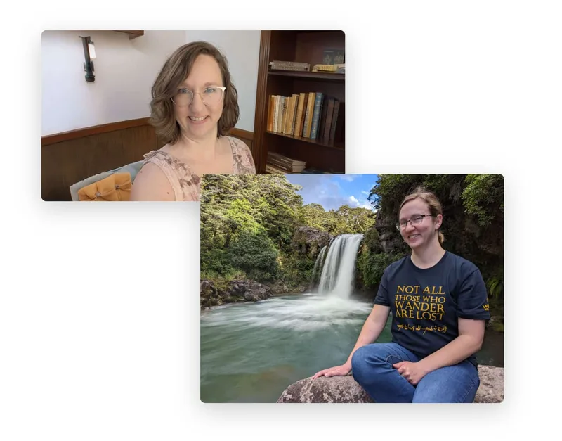 Cassie Bottorff smiling in a home office, and a second photo of Cassie sitting on a rock in front of a waterfall.