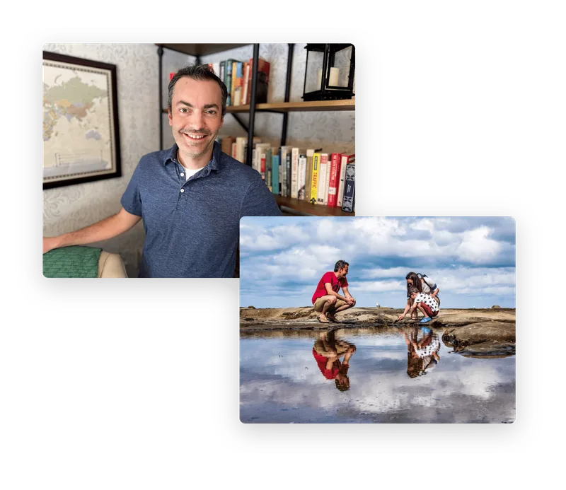 Rob Howard smiling beside his bookshelves, and a second photo of Rob with his family by a tide pool on a rocky beach.