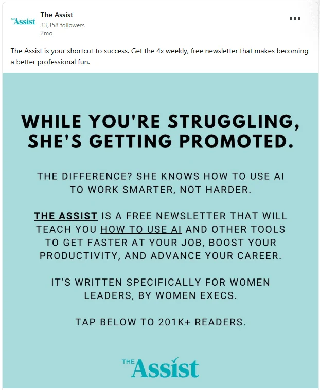 The image is an advertisement for "The Assist," promoting a newsletter focused on using AI to improve productivity and career advancement.