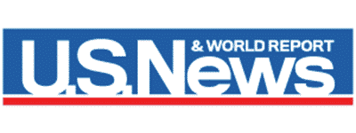 The image shows the logo of "U.S. News & World Report," featuring bold blue letters on a white background, bordered by red stripes above and below the text.