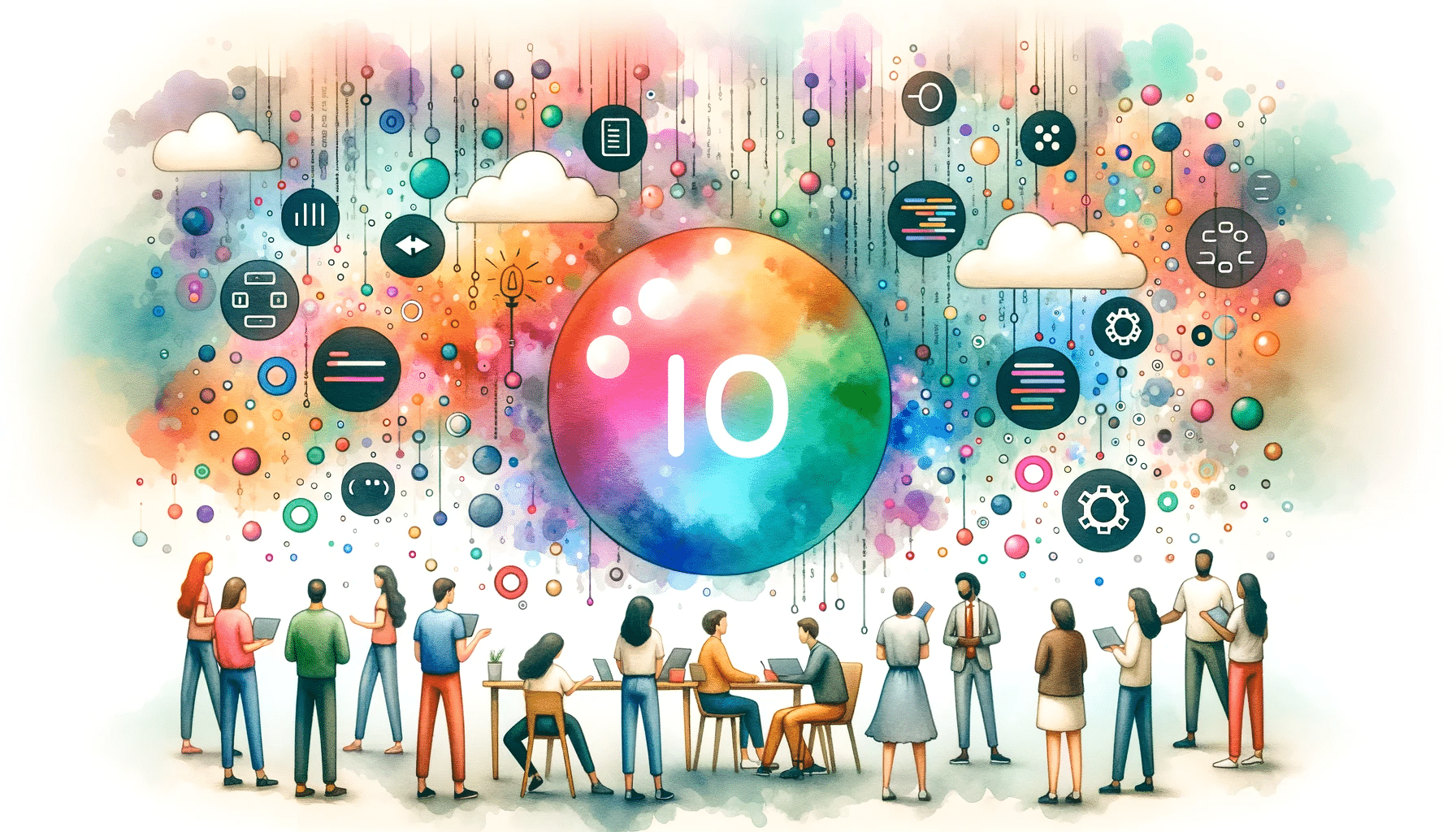 Illustration of people interacting and collaborating in front of a colorful abstract background with tech icons and a central motif labeled "io." Contemporary, watercolor textured, creative concept.