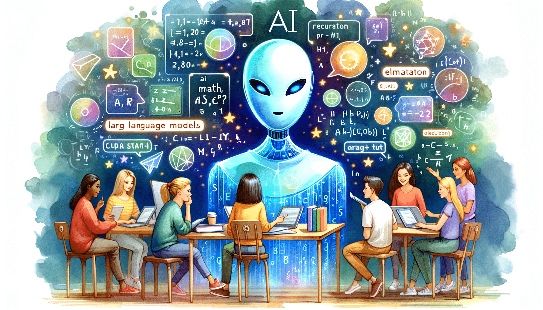 Illustration of an AI entity with a humanoid, holographic body surrounded by symbols and equations, leading a study session with attentive people at tables.