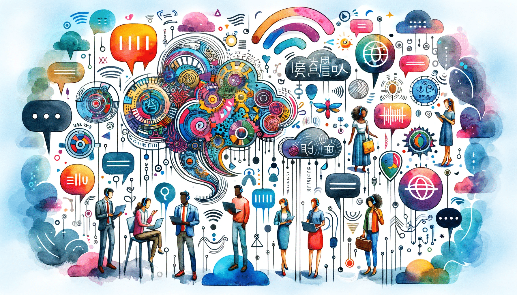 This vibrant watercolor illustration depicts multiple people engaged with digital devices amid a bustling array of colorful communication and technology symbols.