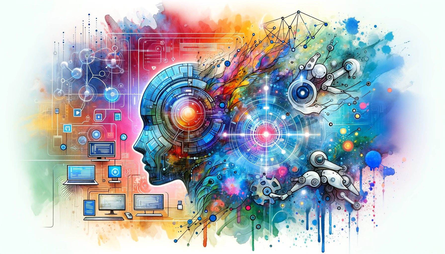 The image depicts a colorful, artistic representation of a robotic head profile, blending technology motifs with vibrant watercolor splashes and abstract elements.