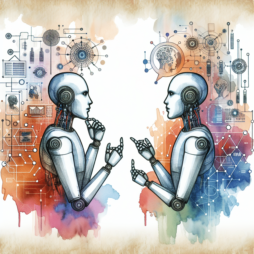 This illustration features two robotic figures facing each other against a backdrop of technological and abstract imagery, suggesting a theme of artificial intelligence and communication.