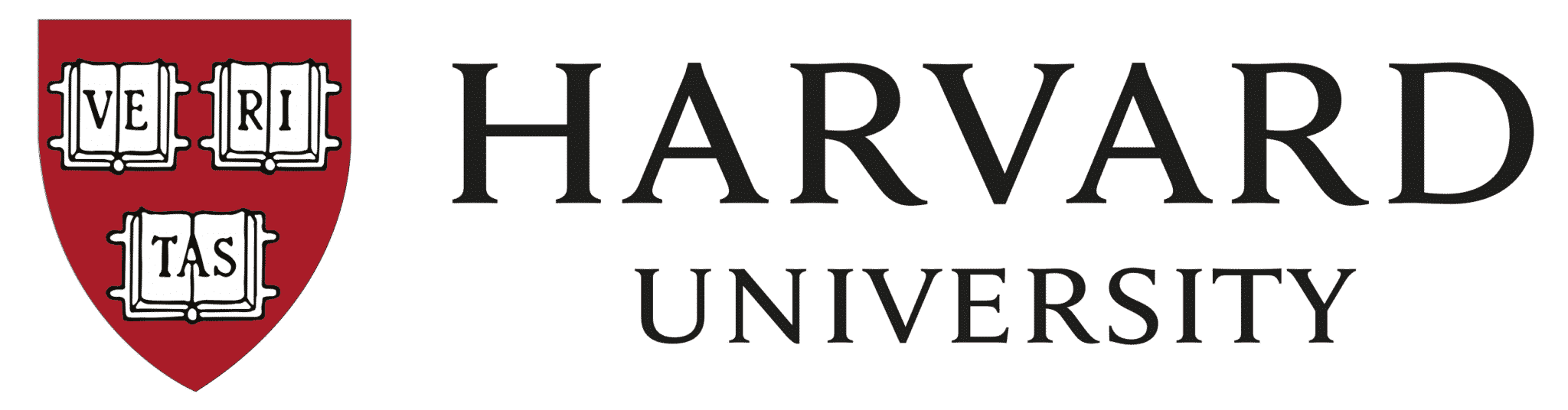 The image shows the logo of Harvard University with a crimson shield, three open books, and the word "VERITAS" on a green background.