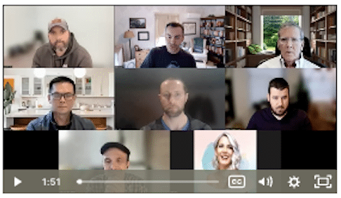 This image shows a virtual meeting with seven participants. Each person is framed by their own camera, displaying various backgrounds with books and decor.