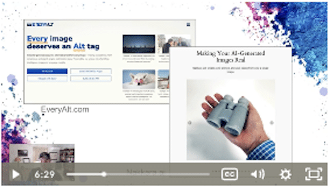 Screenshot of a webinar presentation about AI-generated images with a hand holding 3D-printed objects, website interface elements, and colorful abstract design on edges.