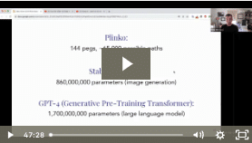 The image is a paused video presentation showing a slide about "Plinko," with comparisons made to machine learning models via parameters and paths.