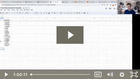 A screengrab showing a paused video tutorial with a spreadsheet. A person is visible in a small frame, presumably instructing. Play button suggests it's ready to watch.