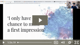 The image shows a video player on a computer screen, paused on a slide with a quote: "I only have one chance to make a first impression," against a blue and purple abstract background.