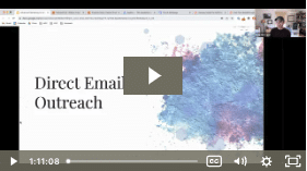 This is a screenshot of a paused webinar or online presentation with the title "Direct Email Outreach" displayed. A person's head can be seen in a small window.