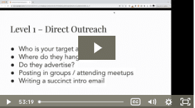 The image shows a paused video presentation slide titled "Level 1 – Direct Outreach" with bullet points about target audience, advertising, and communication methods.