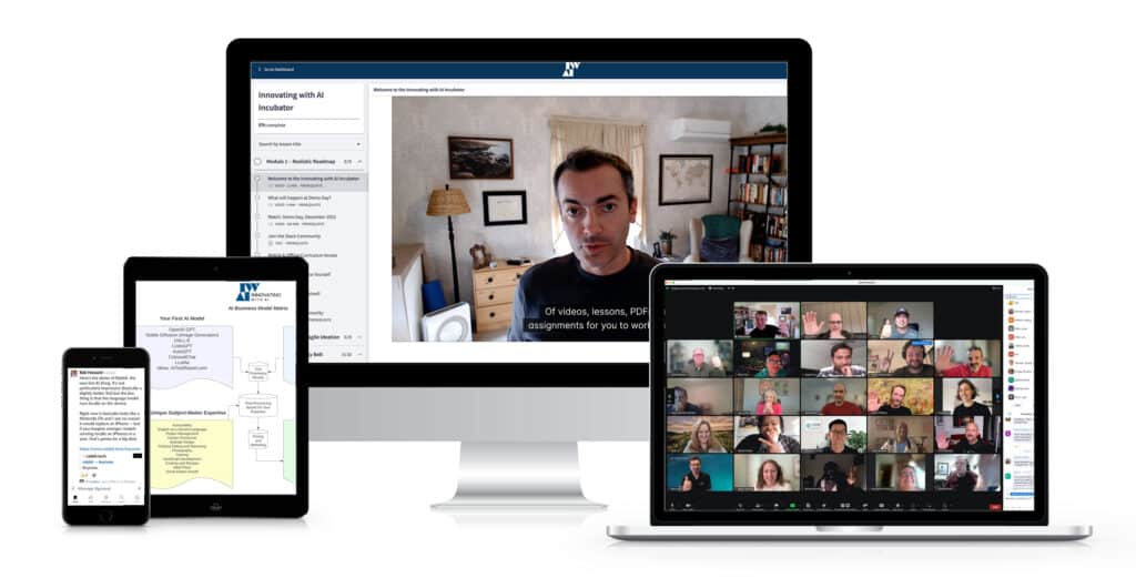 The image shows a multi-device display of a virtual meeting with participants waving, a webinar interface, and a mobile learning application.
