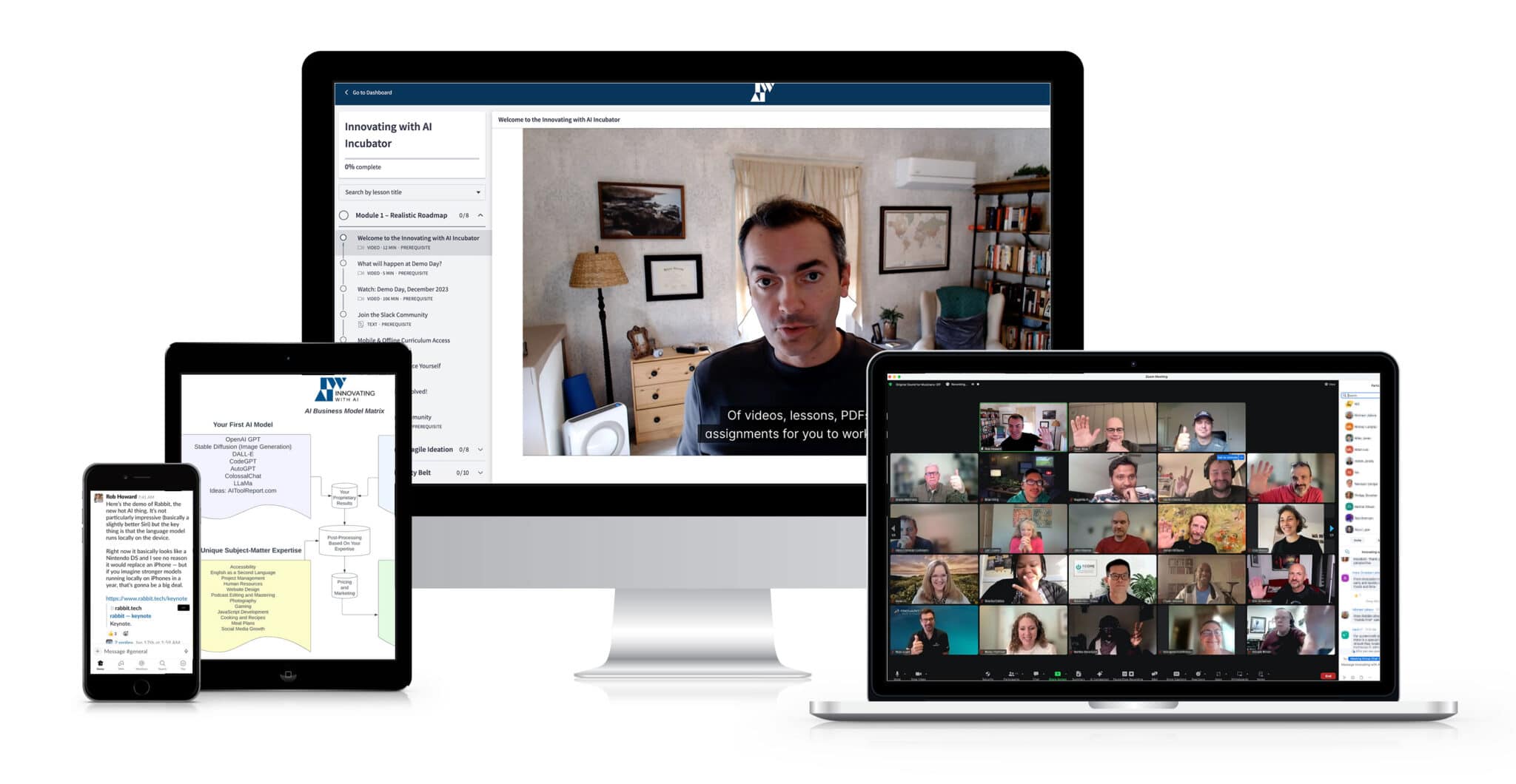 The image displays a range of devices showing a video conference and educational content, representing remote work and online learning platforms.