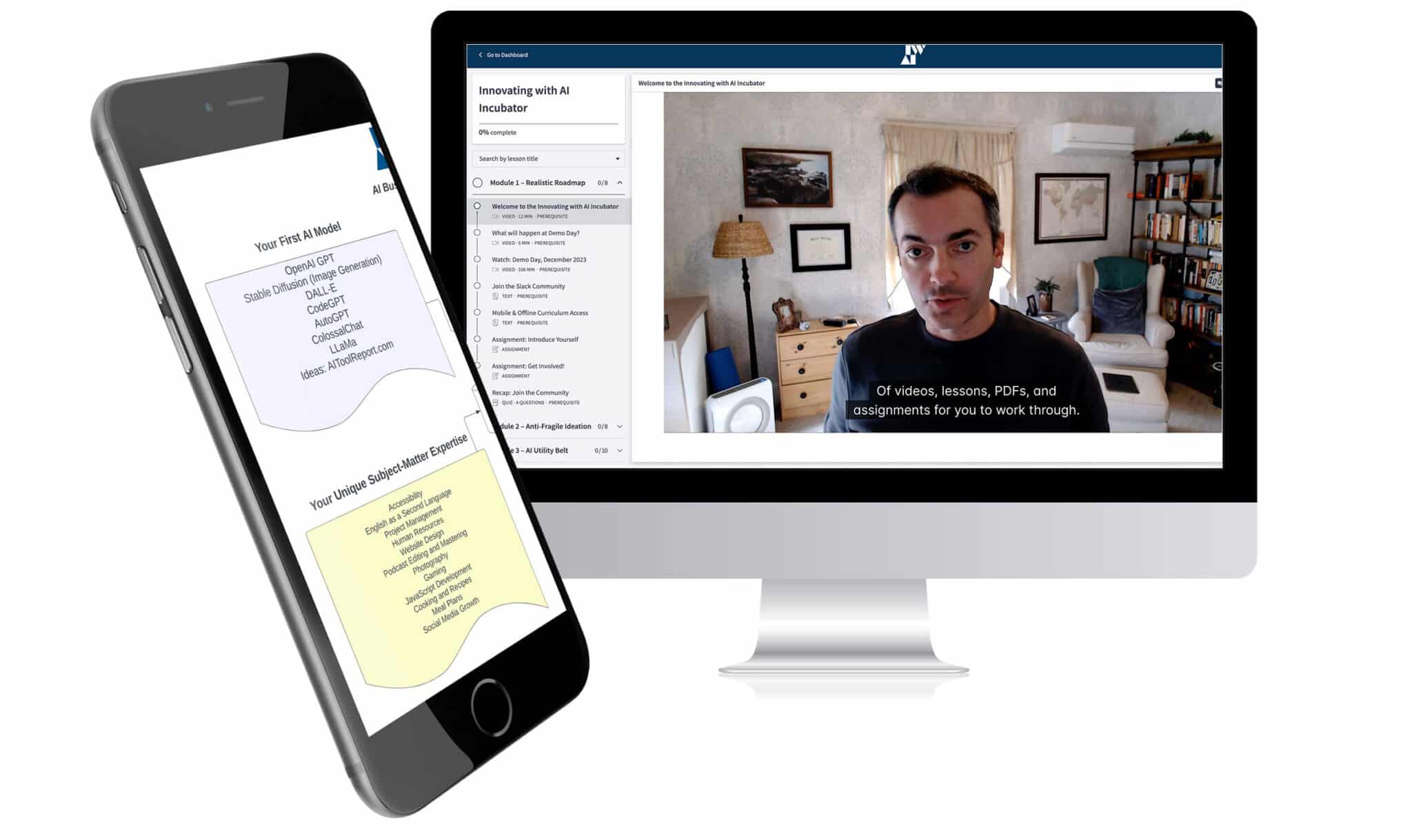 The image shows a smartphone with notes on AI models and a desktop computer with a video tutorial on innovating with AI, including a person speaking.