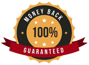 This is a graphic of a money-back guarantee badge, featuring the text "100% MONEY BACK GUARANTEED" with a starry design and a red ribbon banner.