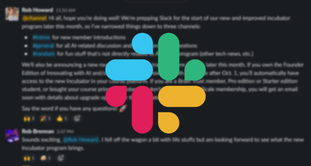 The image displays a blurred screenshot of a Slack conversation with colorful logo-like shapes overlaying the text, obstructing most details.