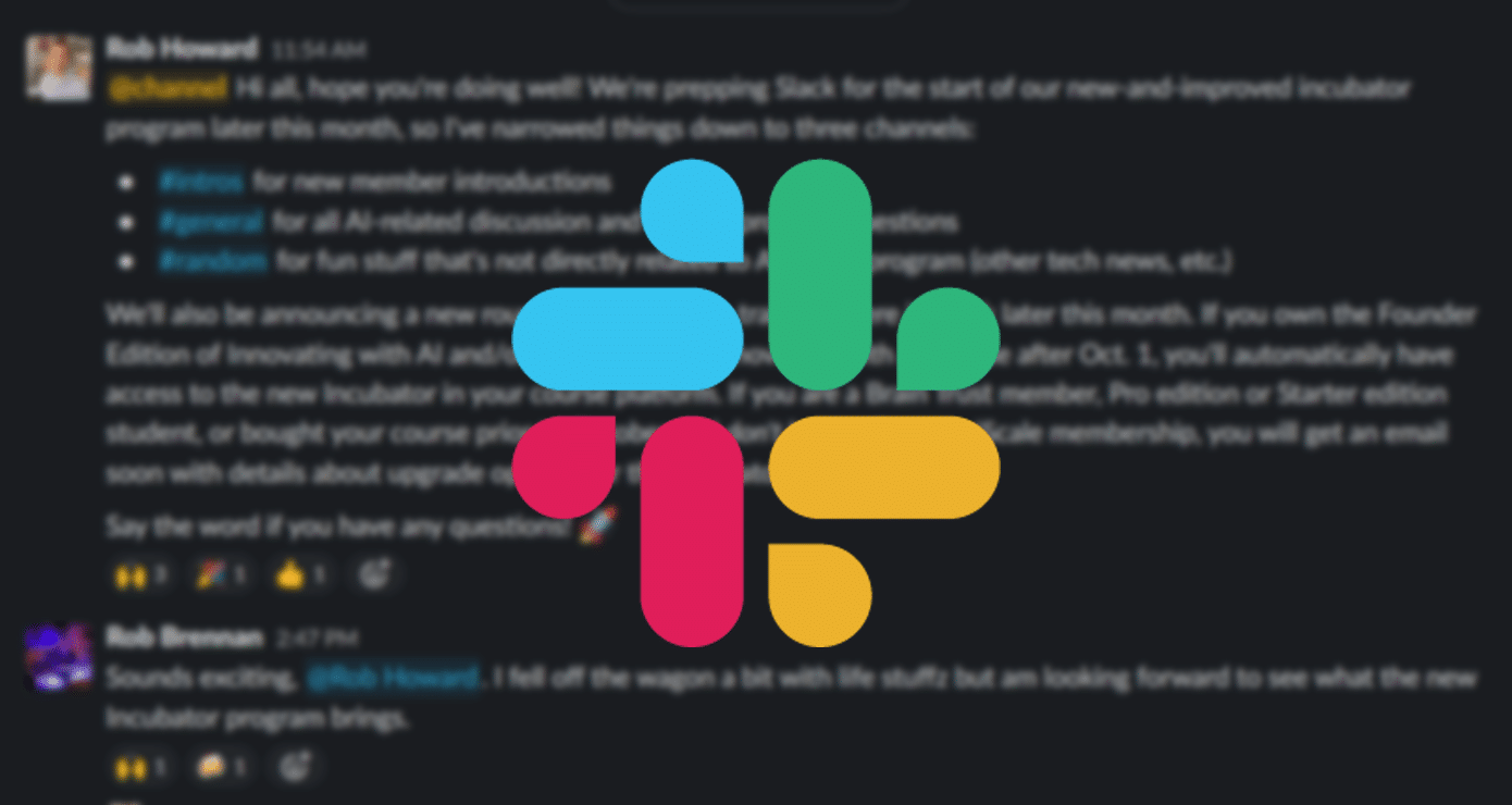 The image displays a blurred screenshot of a Slack conversation with colorful logo-like shapes overlaying the text, obstructing most details.