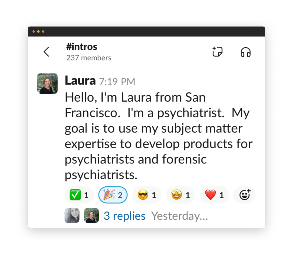 A screenshot from a chat app shows an introductory message by a person named Laura, stating that they are a psychiatrist aiming to develop products for peers.