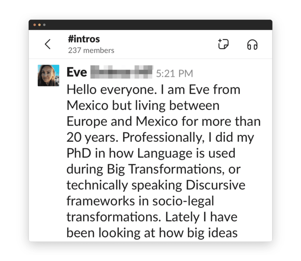 The image shows a screenshot of a social media or messaging app introduction post by a person named Eve discussing their background and professional interests.