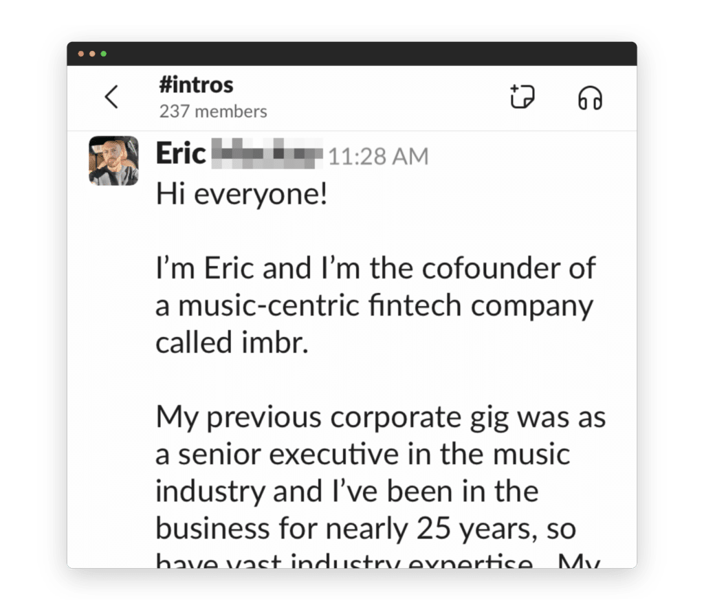 The image shows a screenshot of a social media post where a person named Eric introduces themselves as the cofounder of a music-centric fintech company.