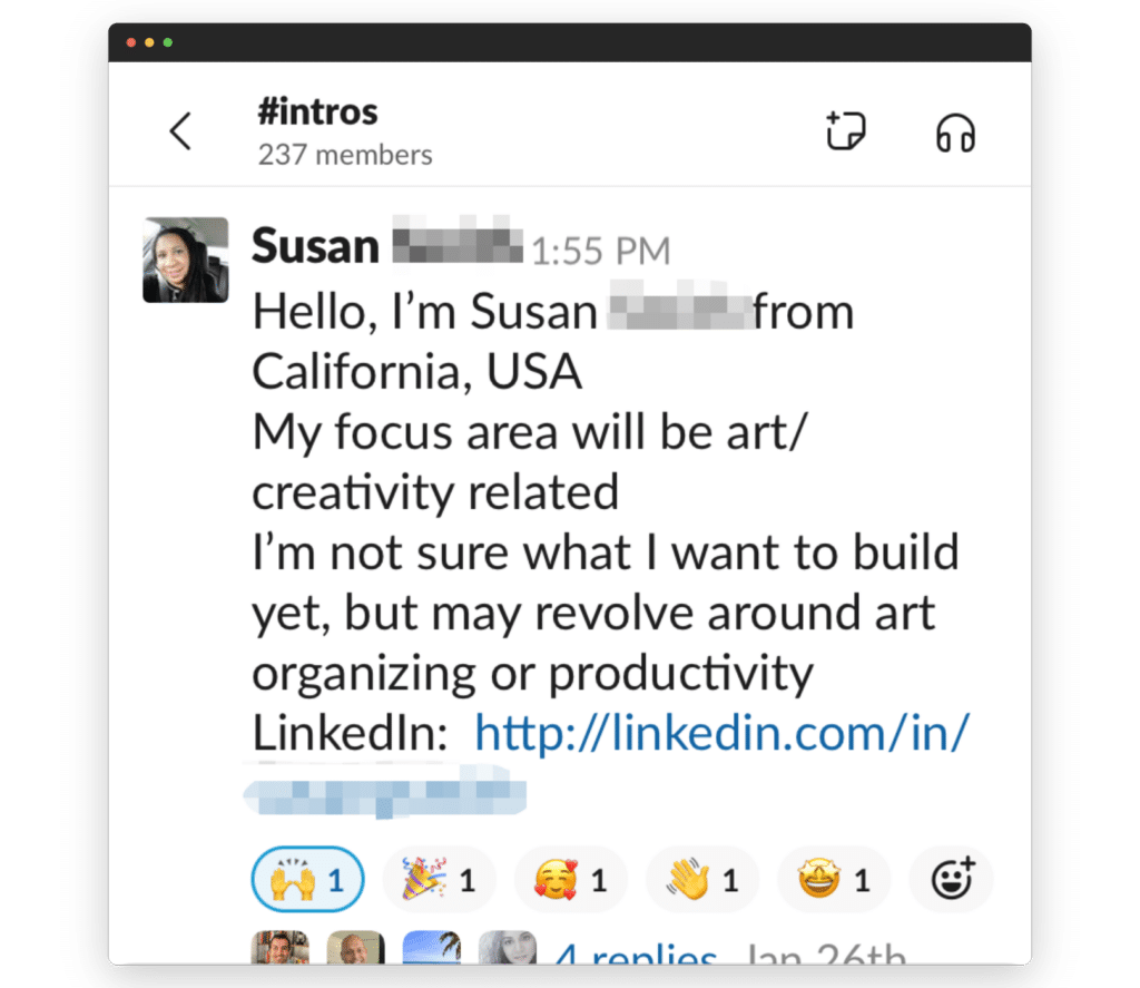 A screenshot of a social media introduction post by a person named Susan, mentioning her focus on art/creativity and linking to her LinkedIn profile, with emoji reactions below.