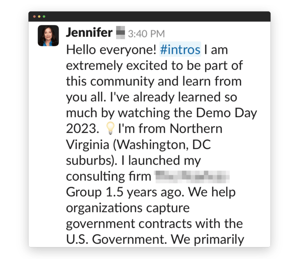 The image shows a screenshot of a social media or messaging app post by a person named Jennifer, introducing herself and talking about her work.