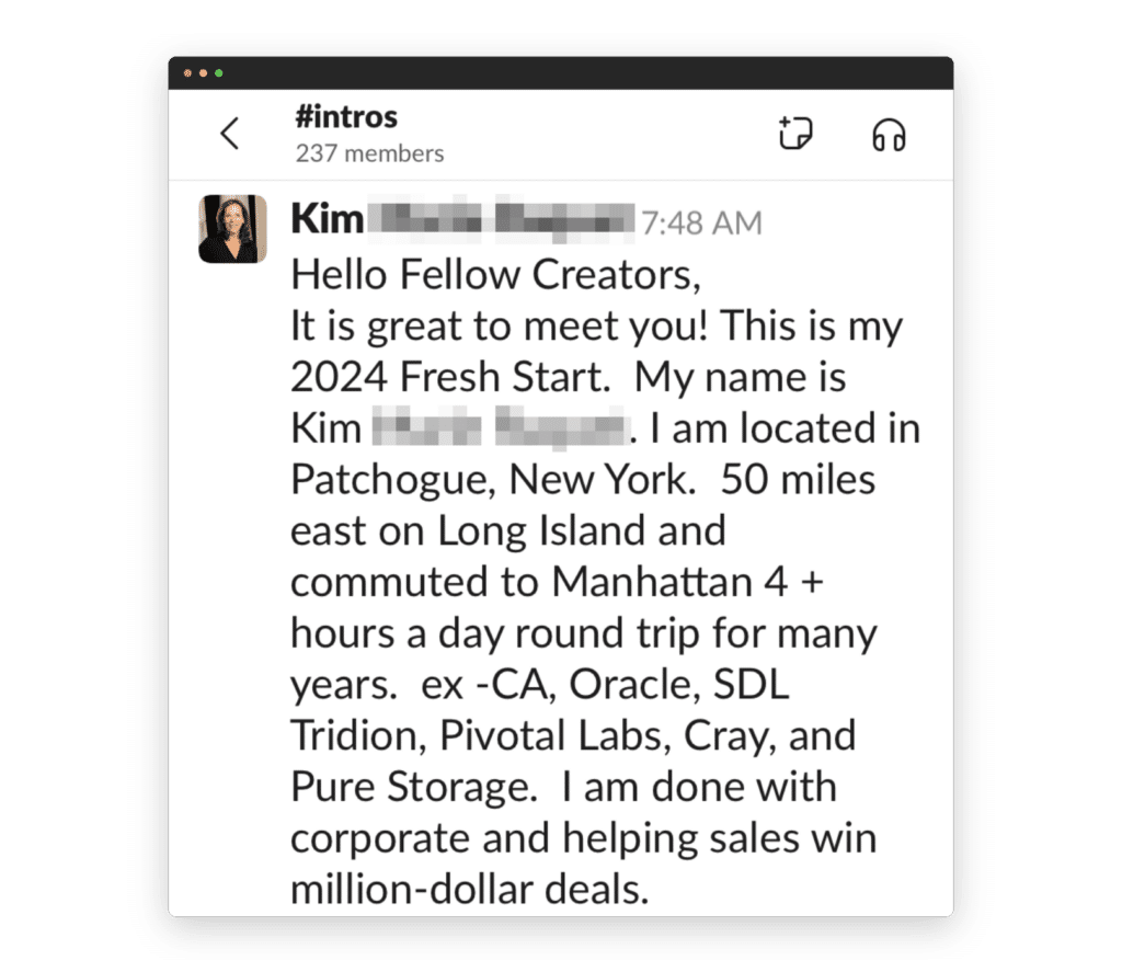 The image shows a screenshot of an introductory post by a person named Kim in a chat group called #intros, including professional background and location details.