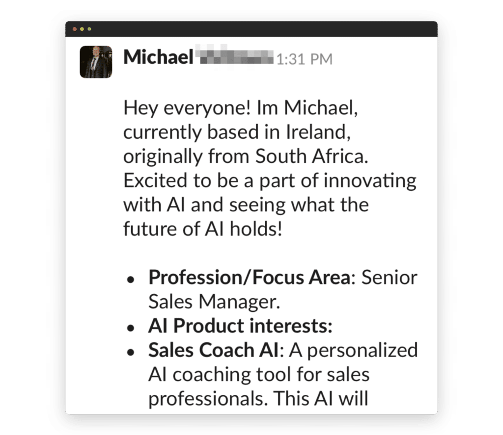 This image is a screenshot of a message from Michael introducing himself, where he mentions his excitement about AI and includes his interests and profession.