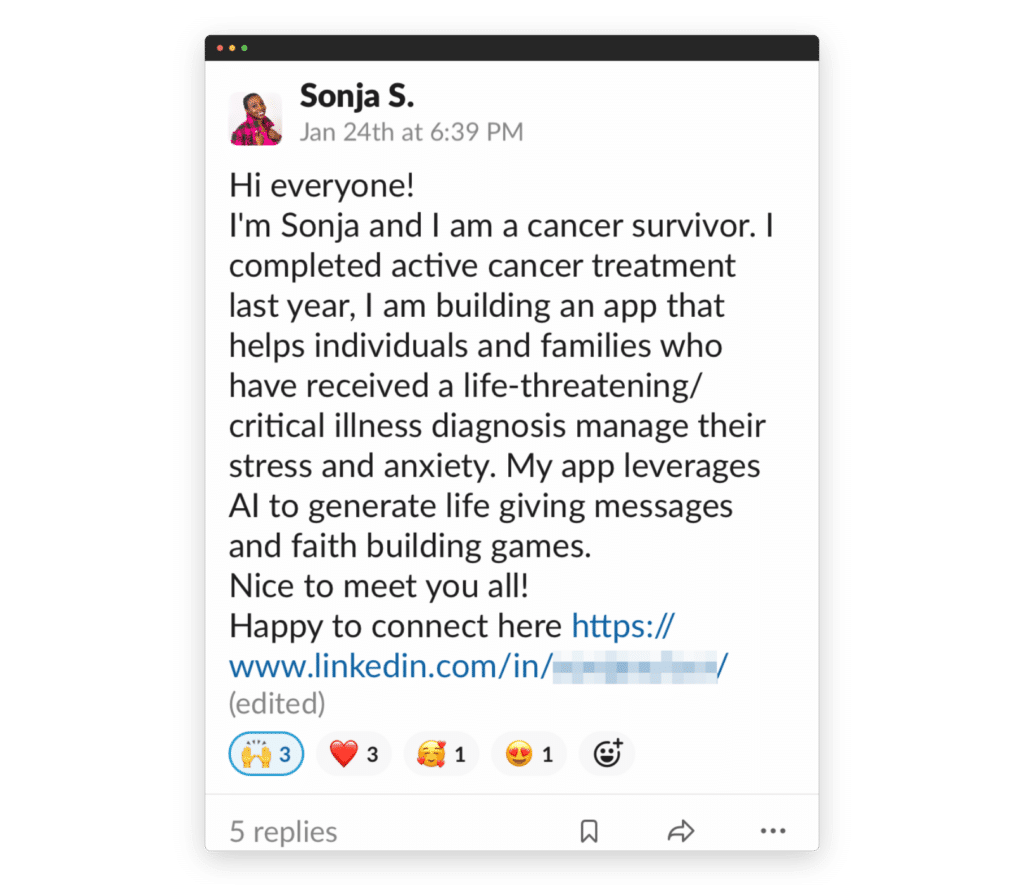 The image shows a social media post by a person named Sonja S., discussing their status as a cancer survivor and an app they're developing to support those with critical illnesses.