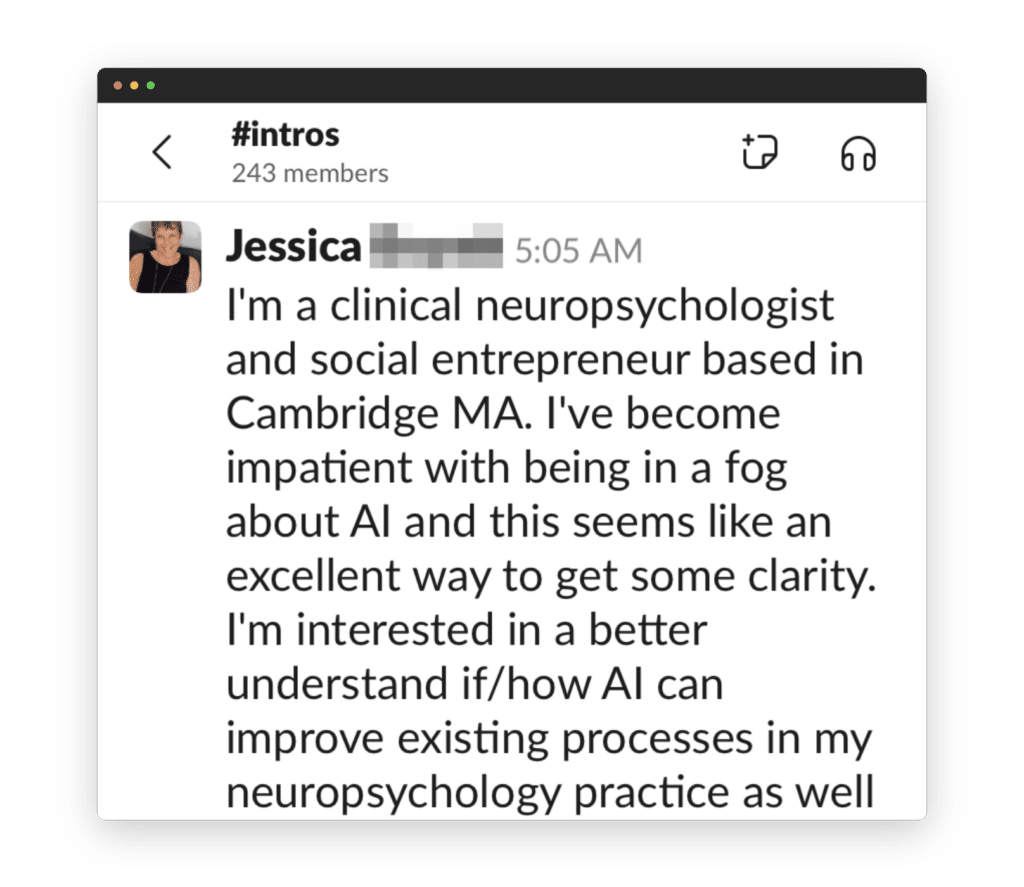A screenshot shows a message from a person named Jessica in a chatroom titled #intros, discussing their interest in AI's role in neuropsychology.