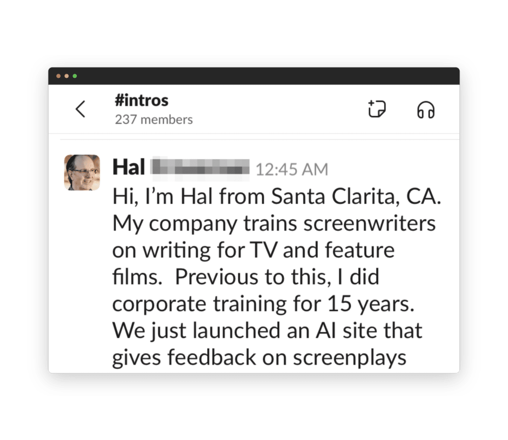 A screenshot of a messaging app where a person named Hal introduces themselves and their screenwriting training company, mentioning an AI feedback tool.
