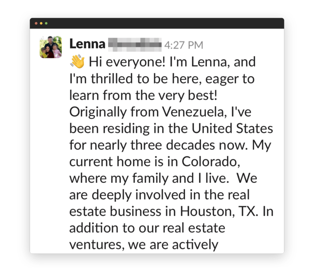 The image shows a message from "Lenna," introducing herself, stating her origin from Venezuela, residency in the U.S., and involvement in real estate in Houston, Texas.