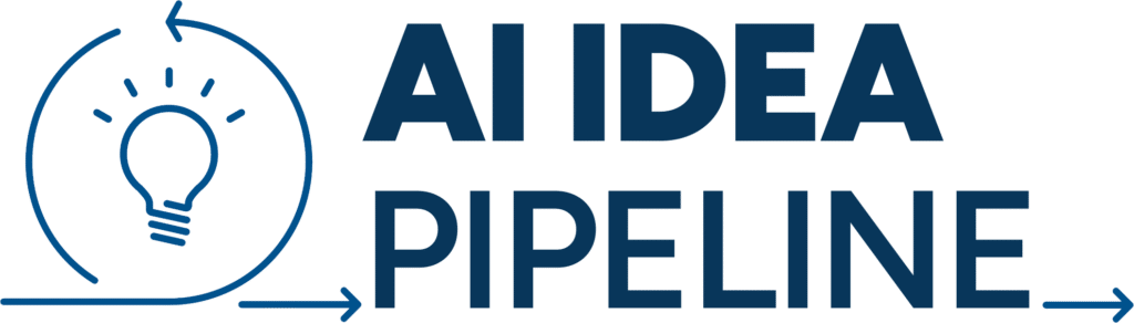 This image displays a logo consisting of an outlined lightbulb within a circle accompanied by the text "AI IDEA PIPELINE" and directional arrows.