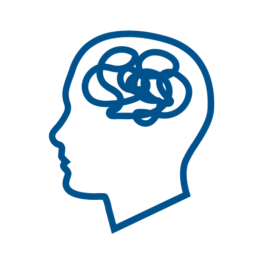 The image is an outlined icon of a person's head in profile with a brain symbol inside, representing thought, intelligence, or mental processes.