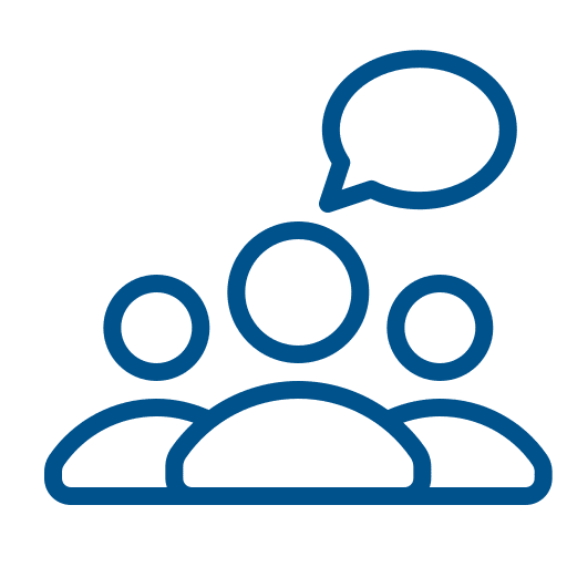 This is a blue icon representing a group discussion. It consists of three abstract human figures with a speech bubble above, indicating conversation or dialogue.