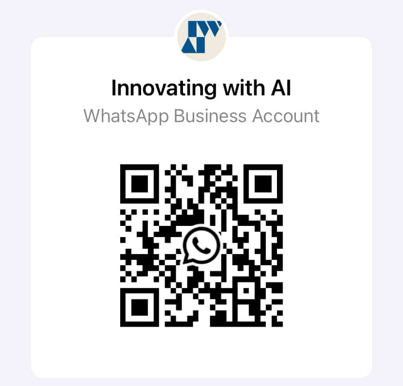 This image depicts a QR code with a WhatsApp logo in the center, presented under the text "Innovating with AI" and "WhatsApp Business Account".