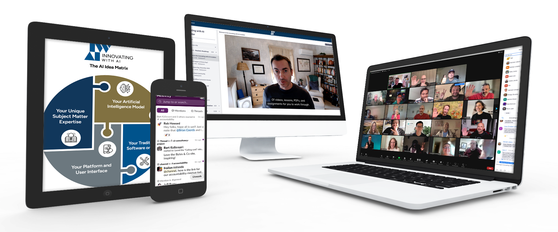 This image features multiple devices displaying digital work environments, including a video call with several participants and business-related graphics.