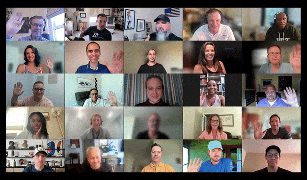 The image shows a grid of video call screens with various people, some waving. They appear to be engaged in a virtual group meeting or event.