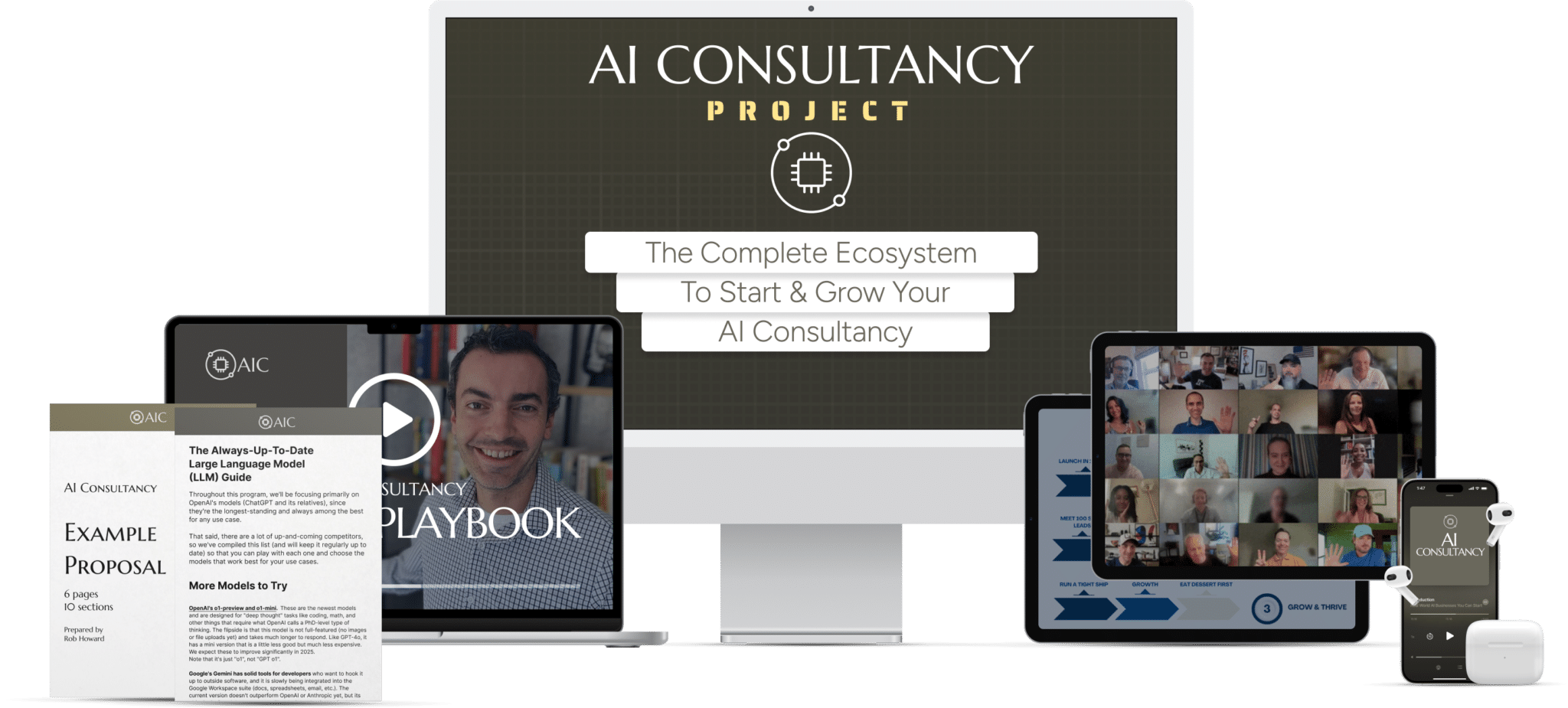 A digital mockup showcases various AI consultancy resources, including guides, proposals, and an online course displayed on multiple electronic devices.