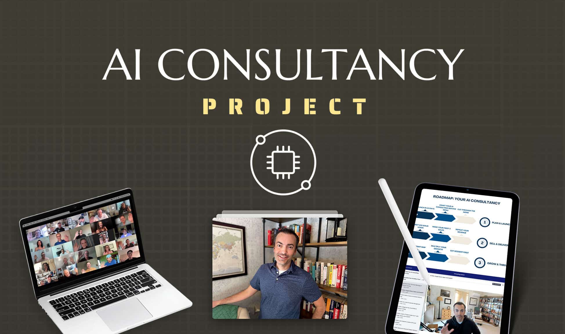 The image shows "AI Consultancy Project" with a person on a video call, a tablet with a roadmap, and a bookshelf background.
