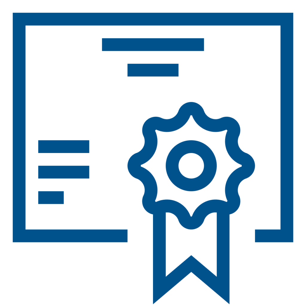 An abstract blue icon depicts a certificate with a rosette badge, symbolizing achievement, recognition, or award in a formal context.