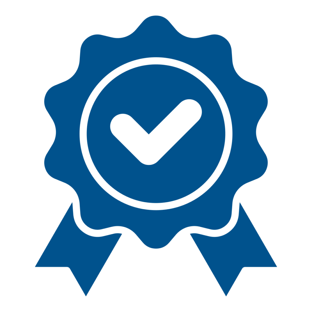 A blue checkmark badge with ribbon, symbolizing quality or approval, isolated on a white background.
