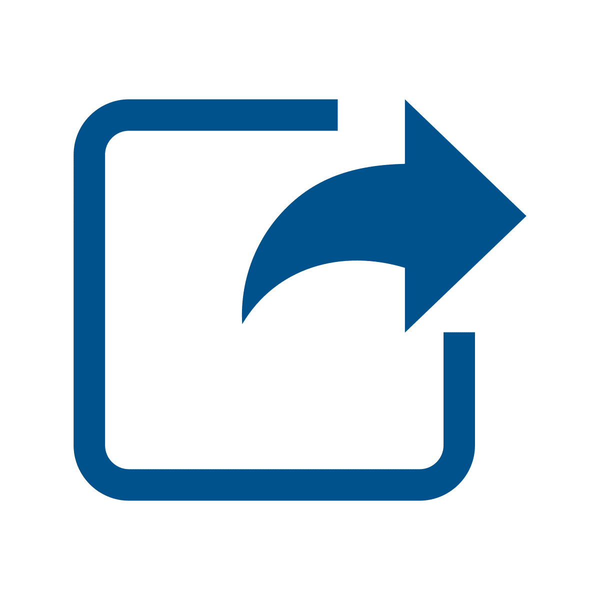 Blue square outline with a curved arrow pointing right, representing a "share" or "forward" symbol on a transparent background.