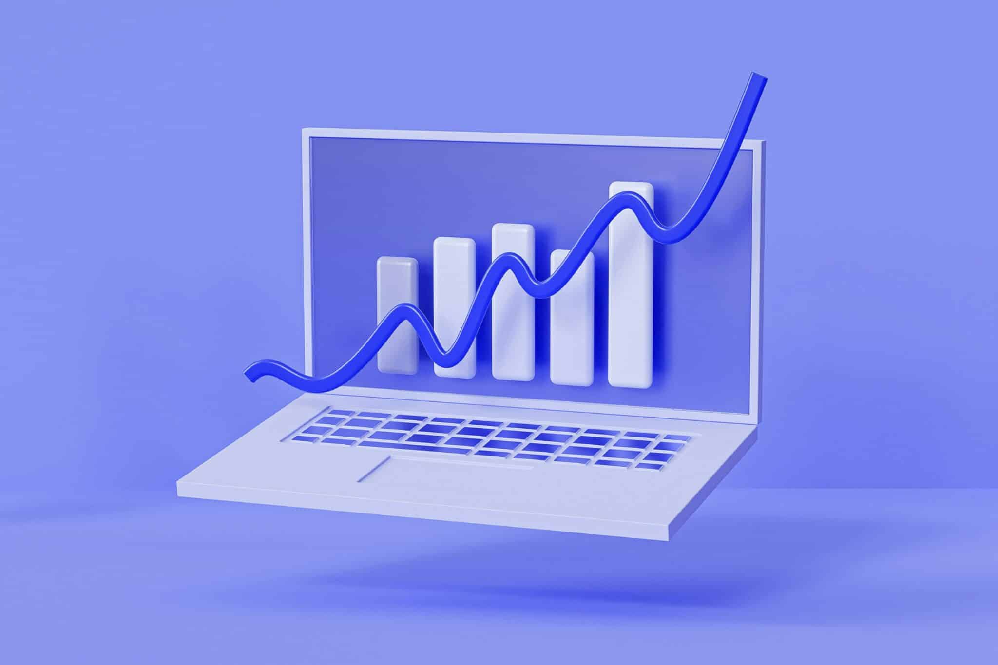 3D illustration of an open laptop displaying a rising bar graph with an upward trend line, in a monochromatic blue color scheme.