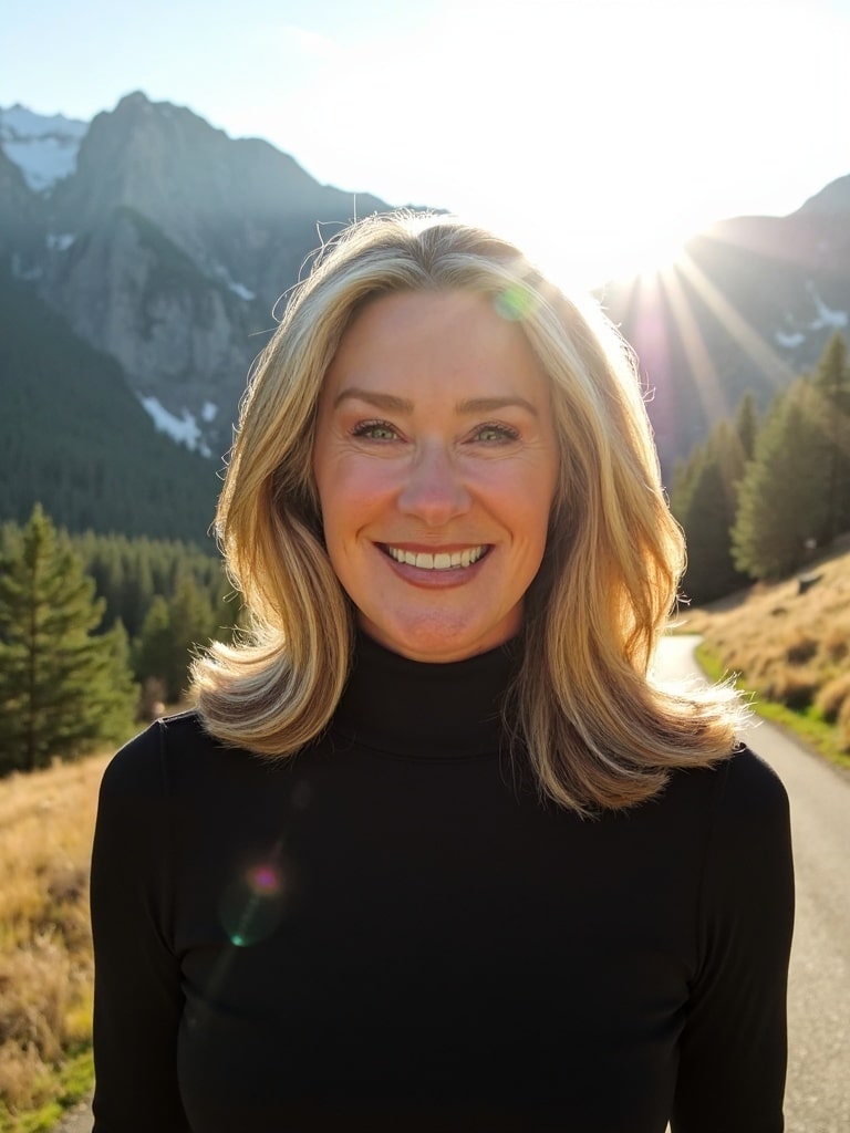 A person smiles on a sunlit trail in a mountain landscape, surrounded by trees and peaks under a bright sky.
