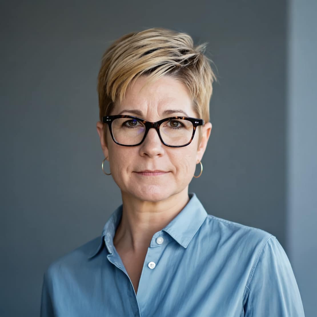 A person with short hair and glasses is wearing a blue shirt, standing against a plain gray background. No visible landmarks or buildings.