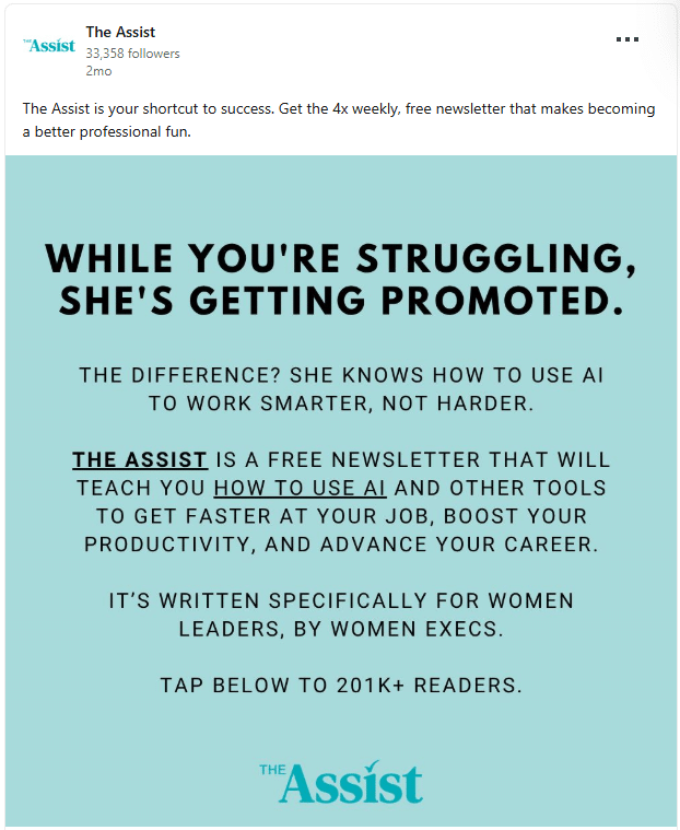 The image is an advertisement for "The Assist," promoting a newsletter focused on using AI to improve productivity and career advancement.